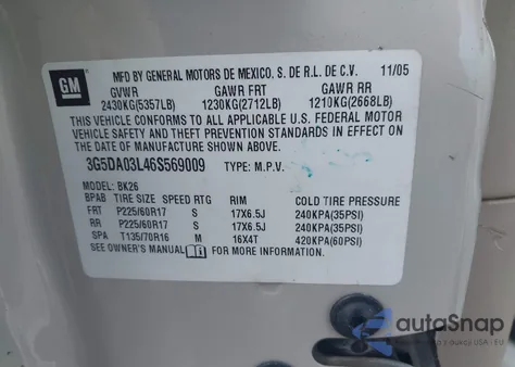 2006 Buick Rendezvous Cx z USA, uszkodzony, nr VIN 3G5DA03L46S569009